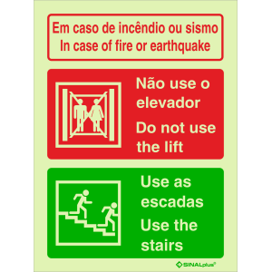 Em caso de incêndio ou sismo - Não use o elevador - Use as escadas - Bilingue 24355