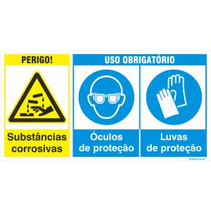 Substâncias corrosivas + Uso obrigatório de óculos e luvas 38315