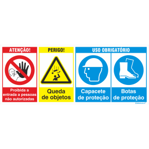 Proibida a entrada a pessoas não autorizadas + Queda de objetos + Uso obrigatório de capacete e botas 38402