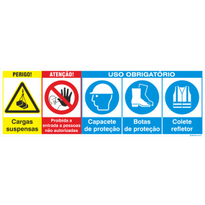 Cargas suspensas + Proibida a entrada + Uso obrigatório de capacete, botas e colete 38501